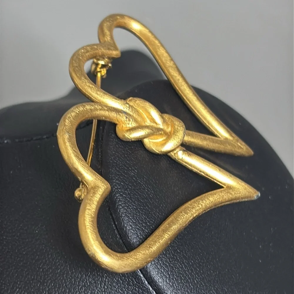 Anne Klein Open Heart Gold Tone Double Heart Brooch Signed AK